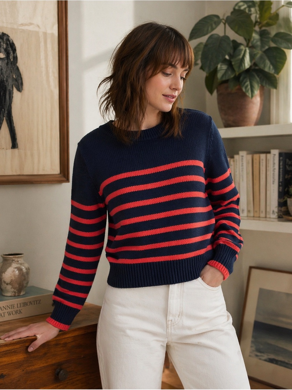 NWT Tutto Knit size medium coral & navy striped sweater